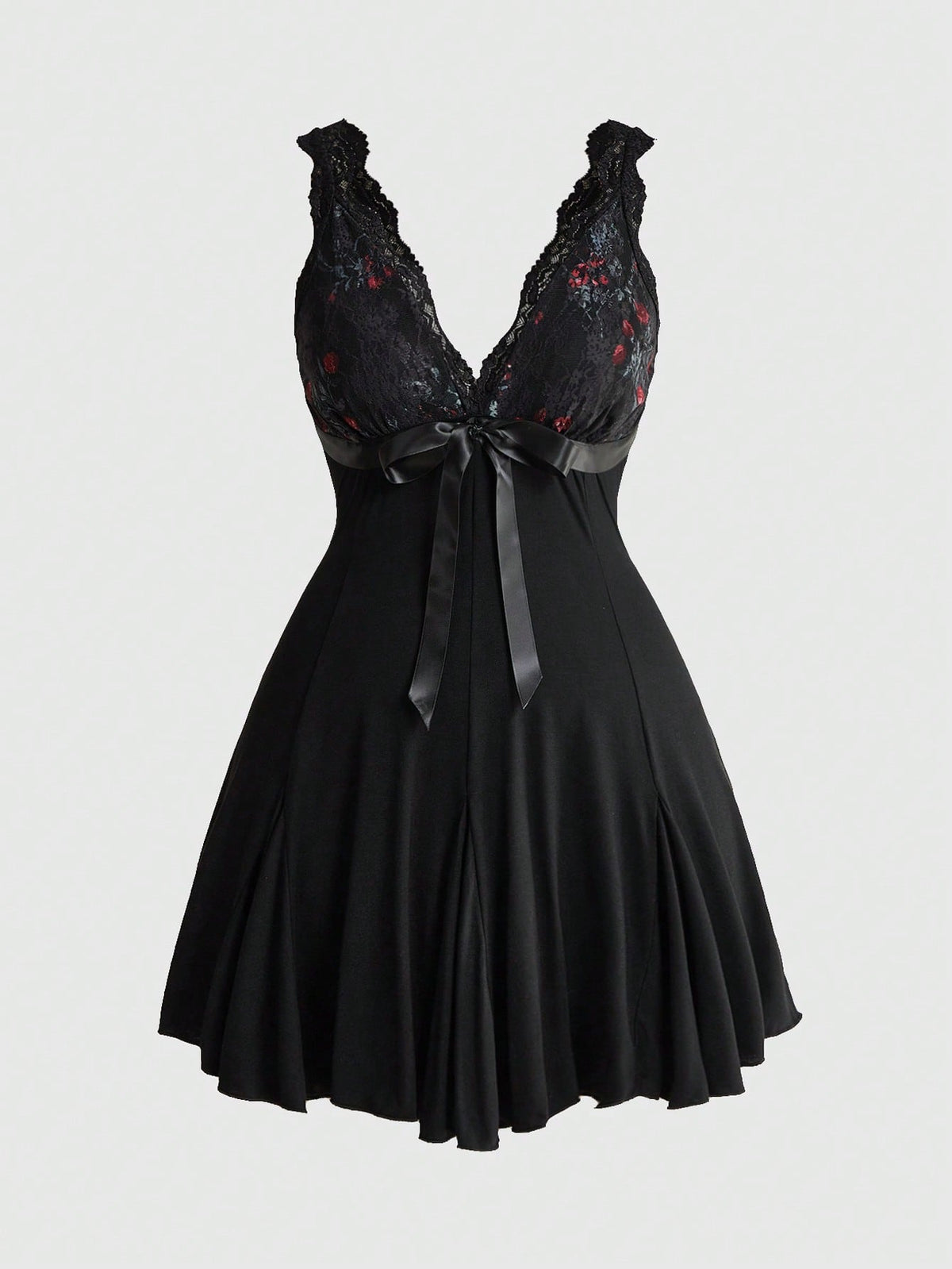 Plus size women's sleeveless cami mini dress with rose plant pattern, contrast lace detailing, spaghetti straps, high waist, and a pleated hem.