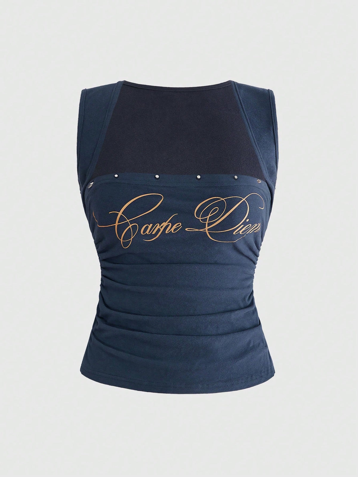 Fitted women's ruched tank top in stretch cotton knit featuring a square neckline and letter print pattern.