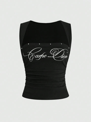 Fitted women's ruched tank top in stretch cotton knit featuring a square neckline and letter print pattern.