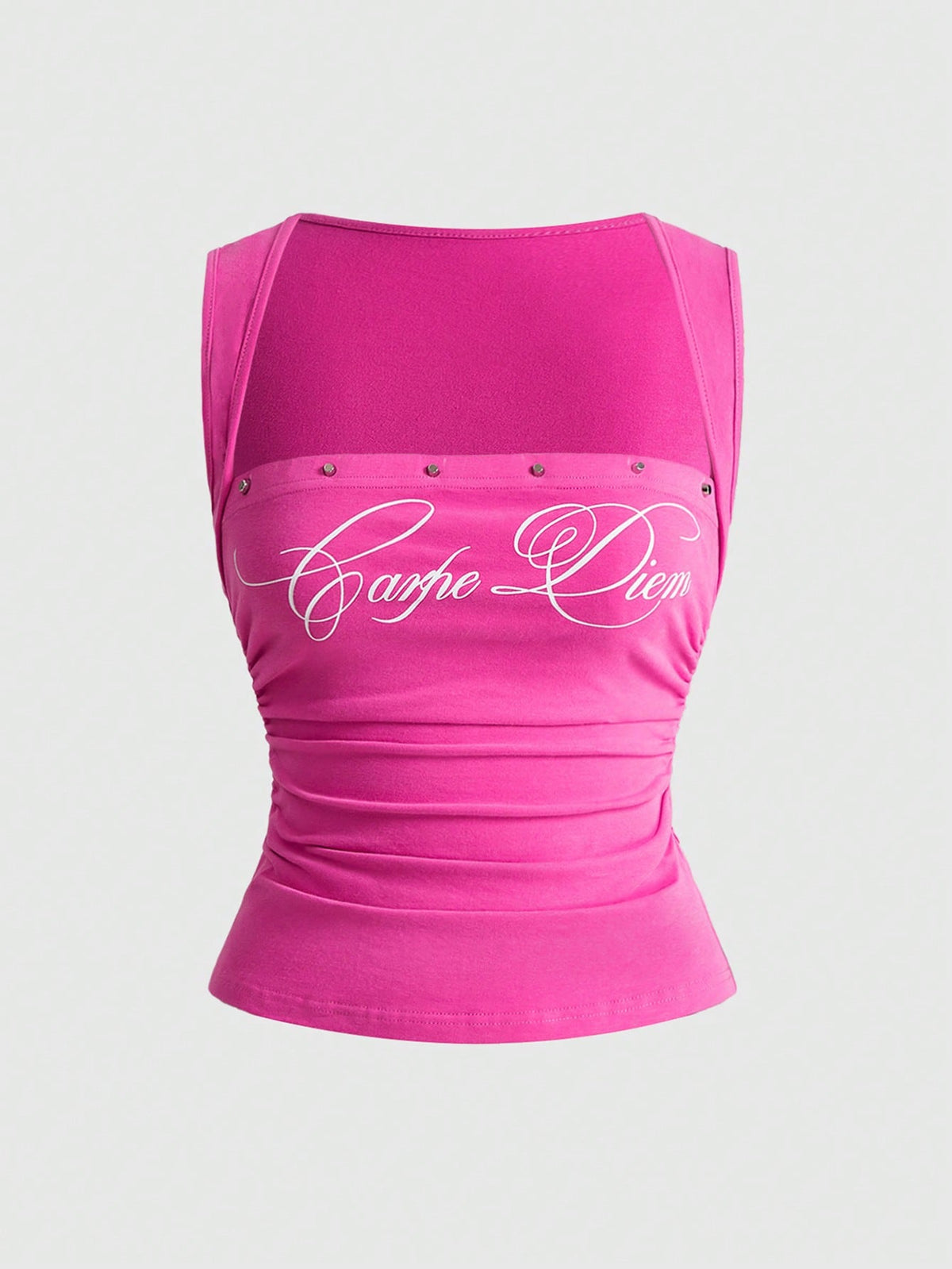 Fitted women's ruched tank top in stretch cotton knit featuring a square neckline and letter print pattern.