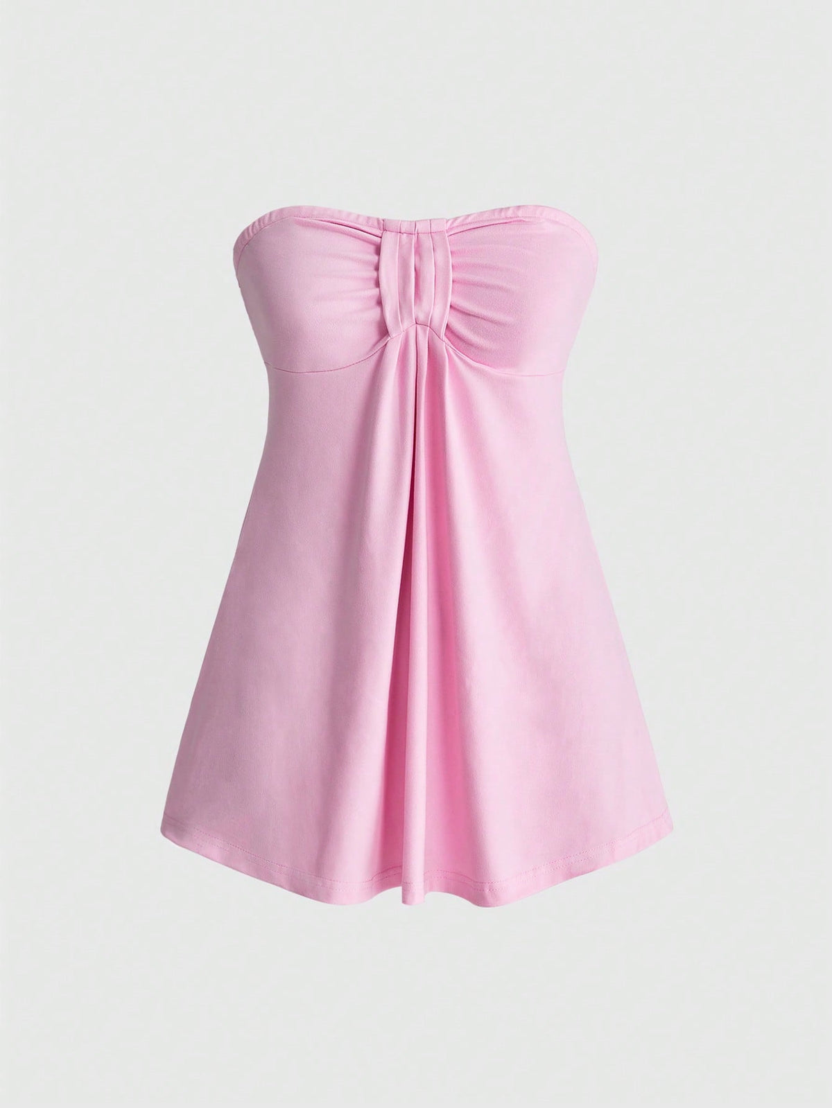 Women's striped strapless tube top featuring ruched detailing, flared hem, and stretchy knit fabric.