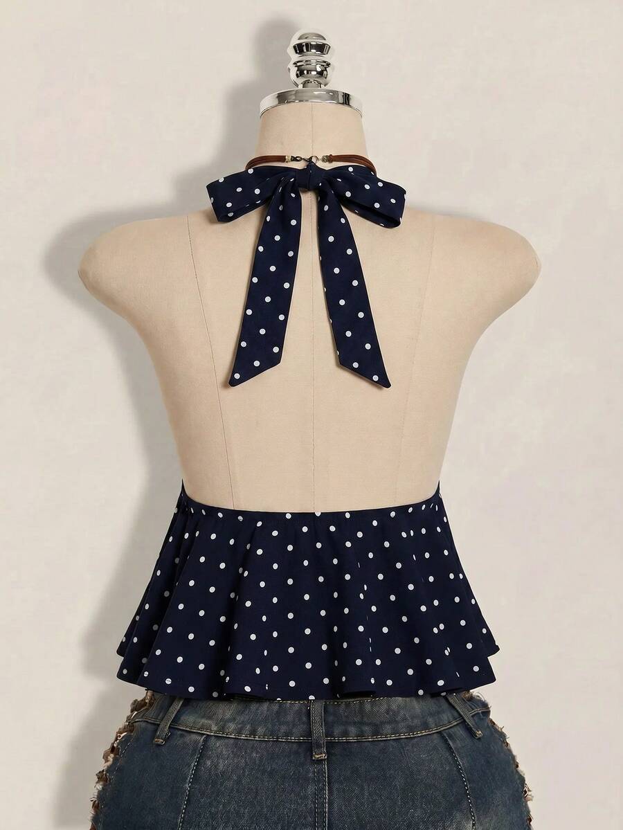 Women's polka dot print halter camisole with backless knot detail, ruched front, slim fit, and flared ruffle hem