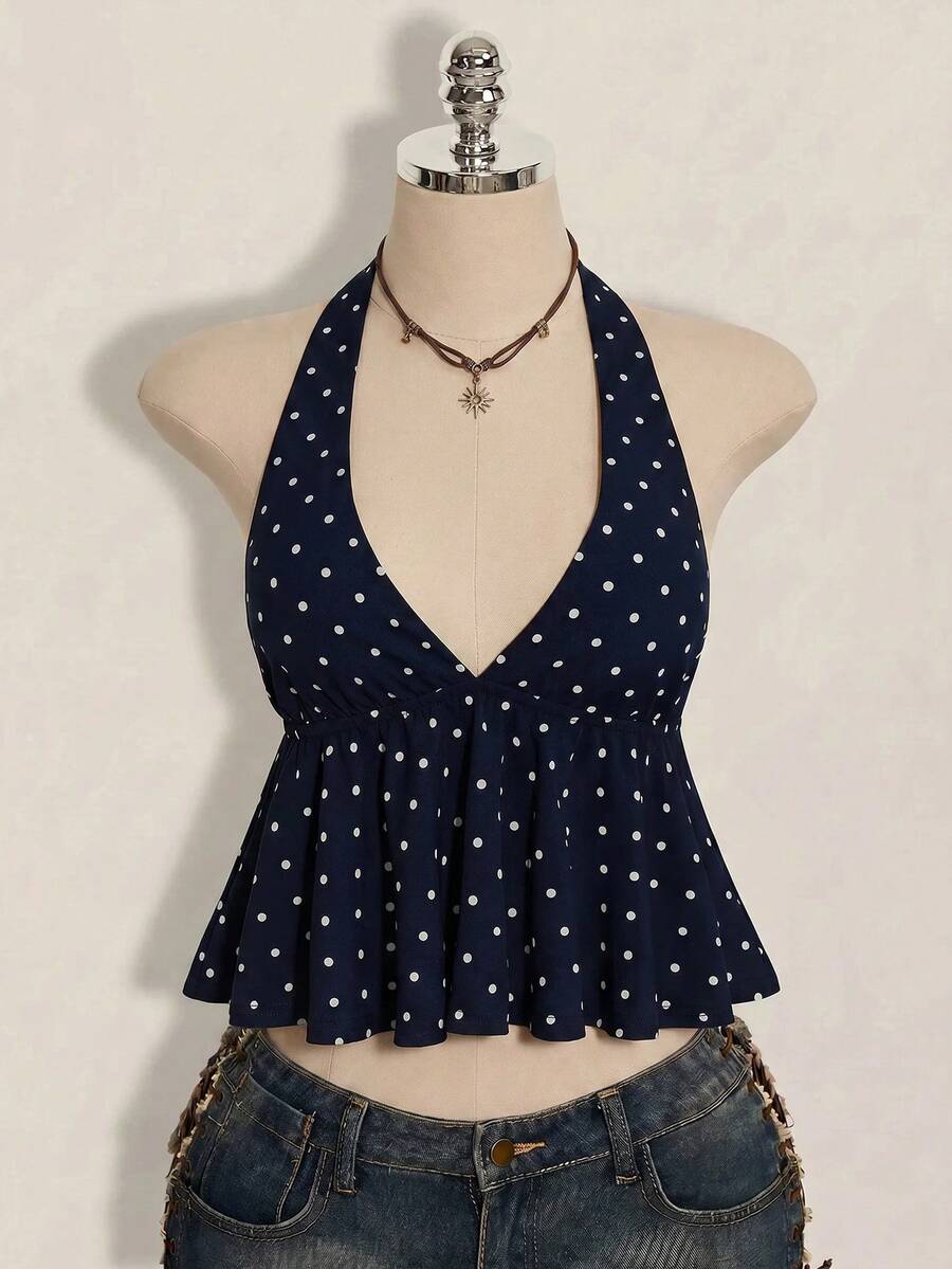 Women's polka dot print halter camisole with backless knot detail, ruched front, slim fit, and flared ruffle hem