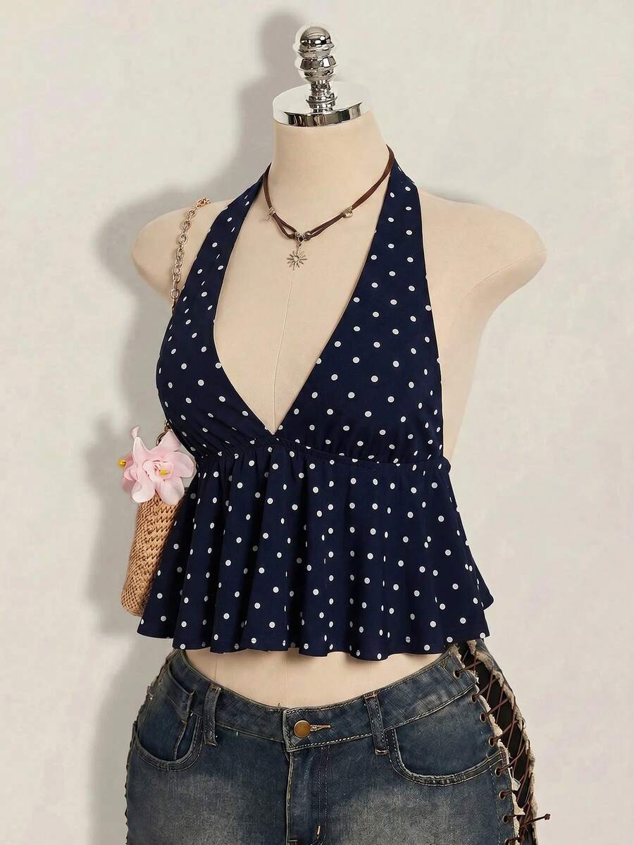 Women's polka dot print halter camisole with backless knot detail, ruched front, slim fit, and flared ruffle hem