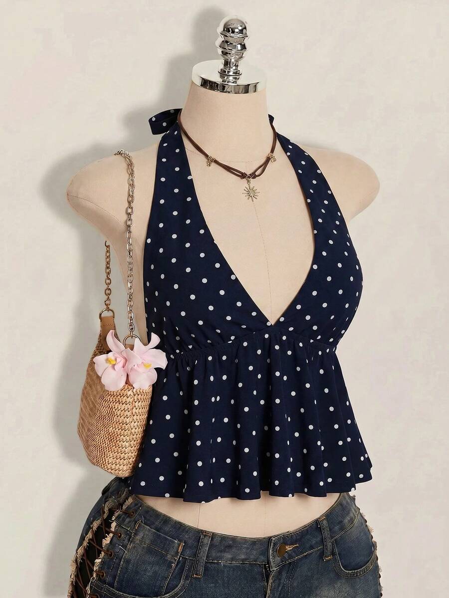 Women's polka dot print halter camisole with backless knot detail, ruched front, slim fit, and flared ruffle hem