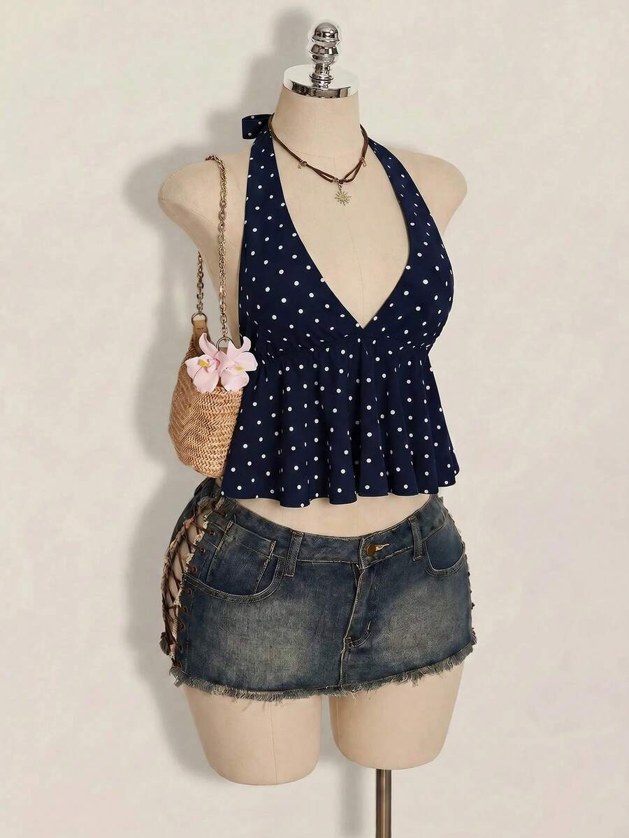 Women's polka dot print halter camisole with backless knot detail, ruched front, slim fit, and flared ruffle hem