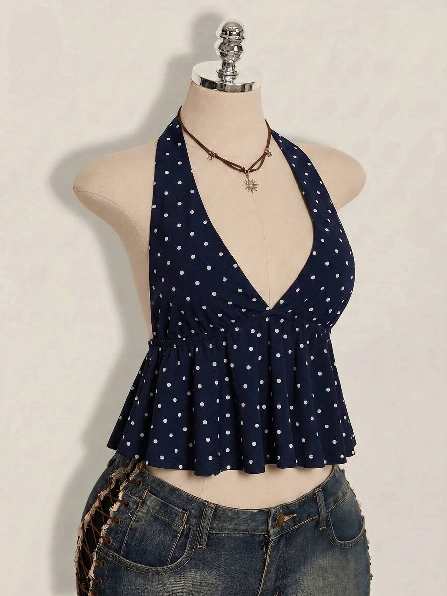 Women's polka dot print halter camisole with backless knot detail, ruched front, slim fit, and flared ruffle hem