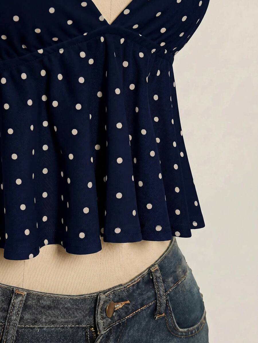 Women's polka dot print halter camisole with backless knot detail, ruched front, slim fit, and flared ruffle hem