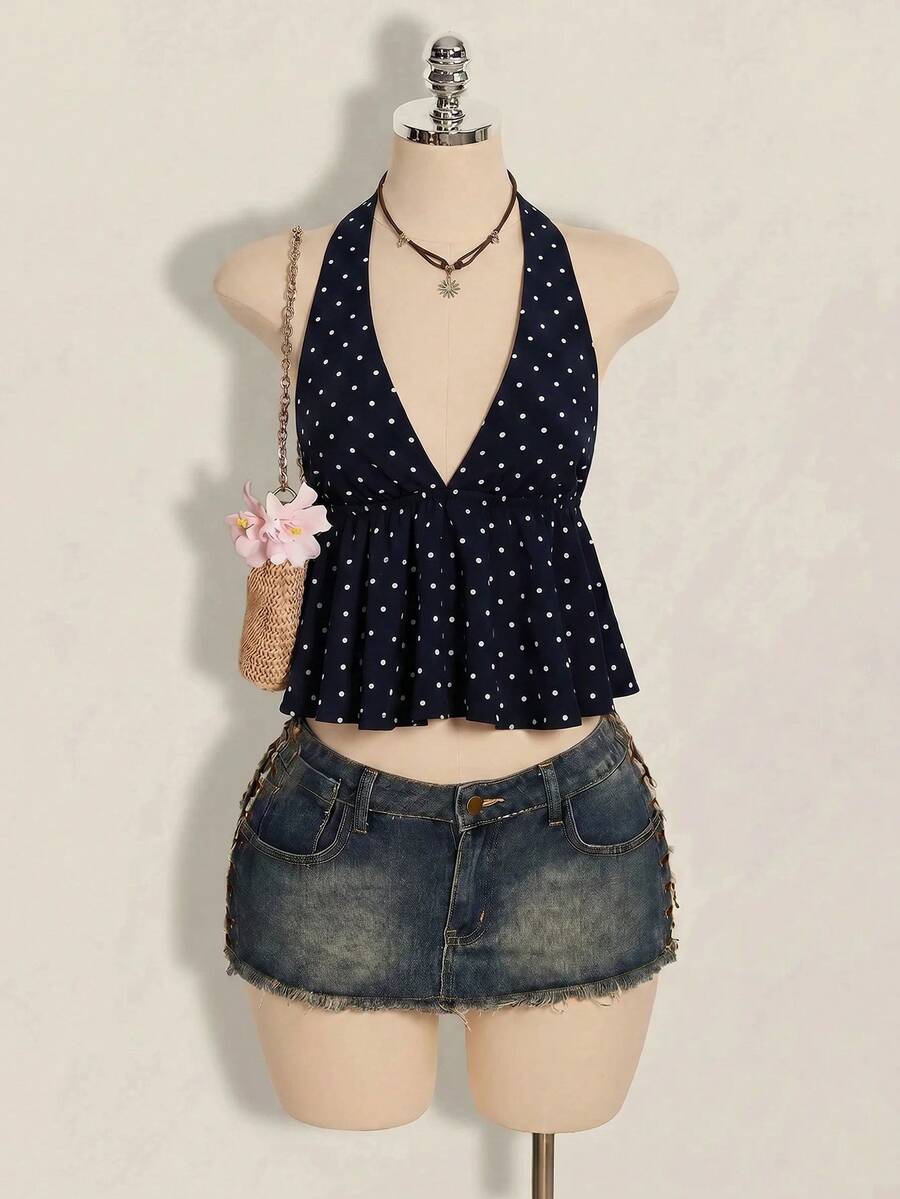 Women's polka dot print halter camisole with backless knot detail, ruched front, slim fit, and flared ruffle hem