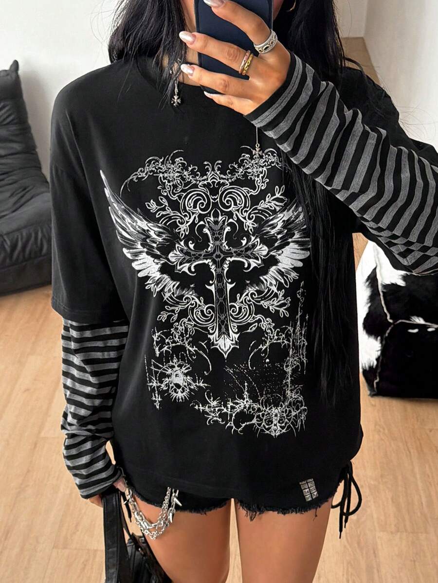 Women's casual graphic long sleeve t-shirt with a round neck, drop shoulder sleeves, and loose relaxed fit.