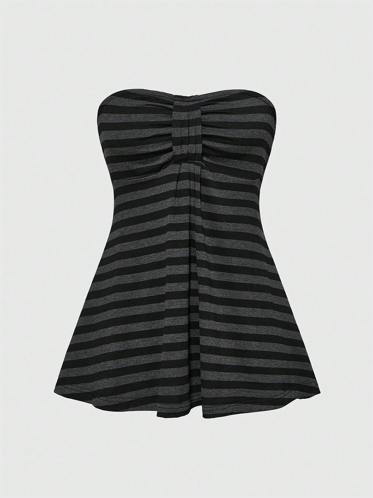 Women's striped strapless tube top featuring ruched detailing, flared hem, and stretchy knit fabric.
