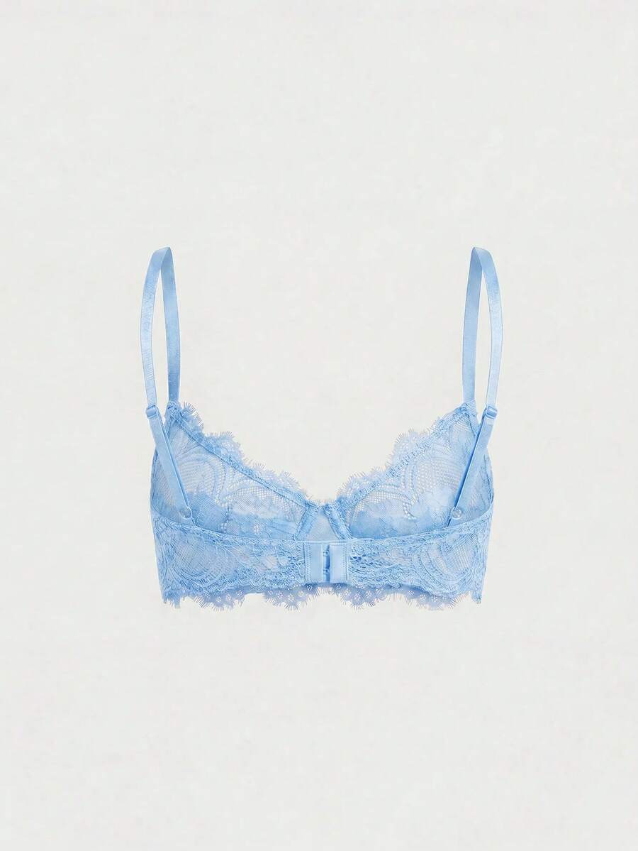 Sheer floral lace underwire triangle bra for women featuring adjustable straps and plunge cup design.