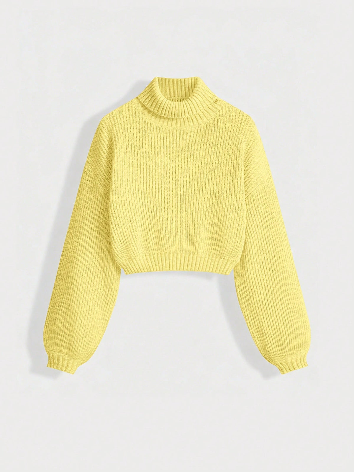 Women's rib-knit crop turtleneck sweater with long drop shoulder sleeves