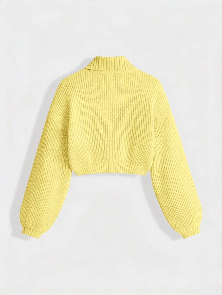 Women's rib-knit crop turtleneck sweater with long drop shoulder sleeves