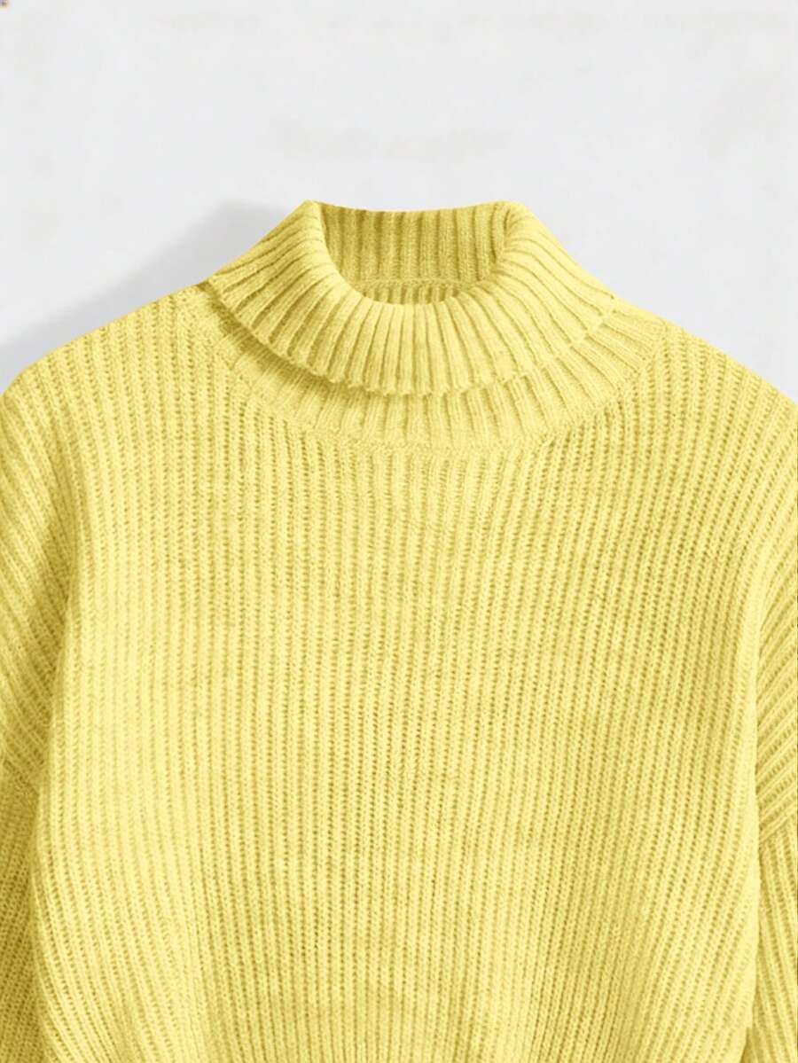 Women's rib-knit crop turtleneck sweater with long drop shoulder sleeves