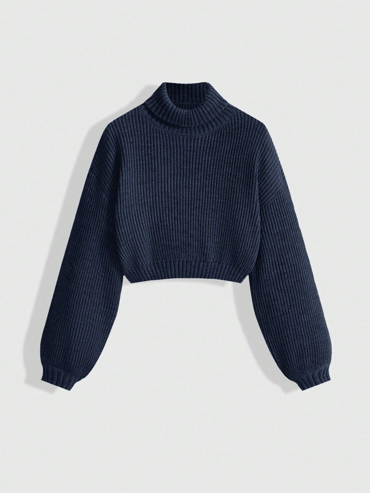 Women's rib-knit crop turtleneck sweater with long drop shoulder sleeves