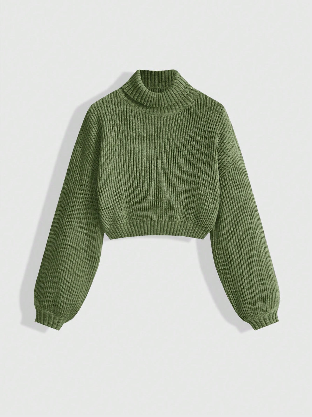 Women's rib-knit crop turtleneck sweater with long drop shoulder sleeves