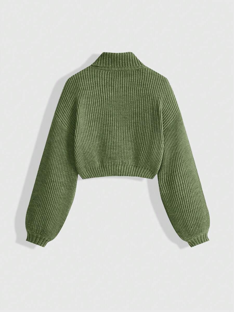 Women's rib-knit crop turtleneck sweater with long drop shoulder sleeves