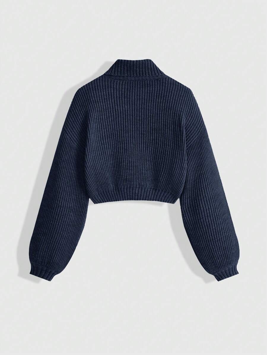 Women's rib-knit crop turtleneck sweater with long drop shoulder sleeves