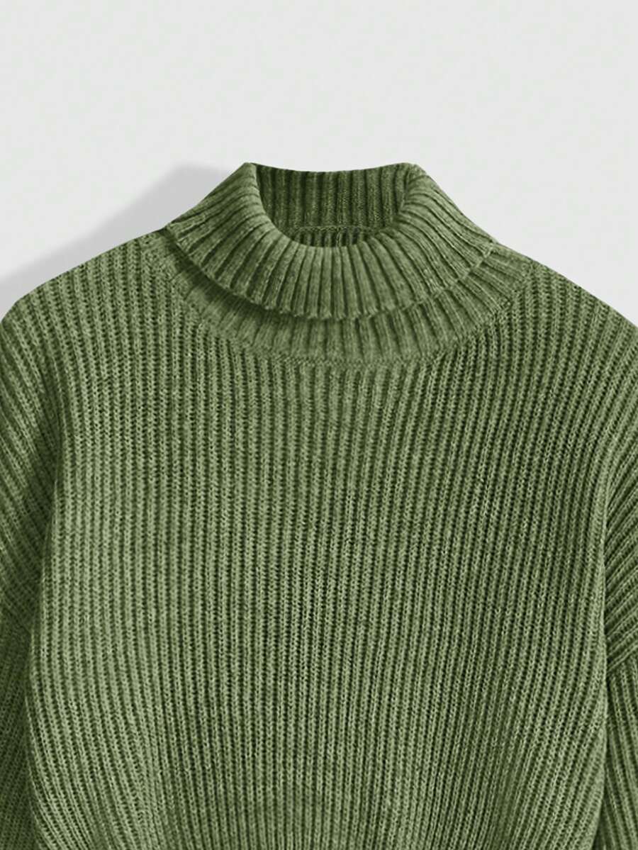 Women's rib-knit crop turtleneck sweater with long drop shoulder sleeves