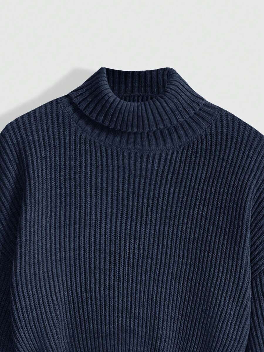 Women's rib-knit crop turtleneck sweater with long drop shoulder sleeves
