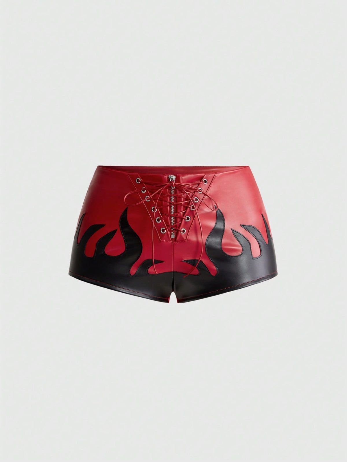 Punk ultra low waist skinny PU mini shorts with flame embroidery, rhinestone details, zipper fly closure, and a graphic Halloween-inspired festival style.