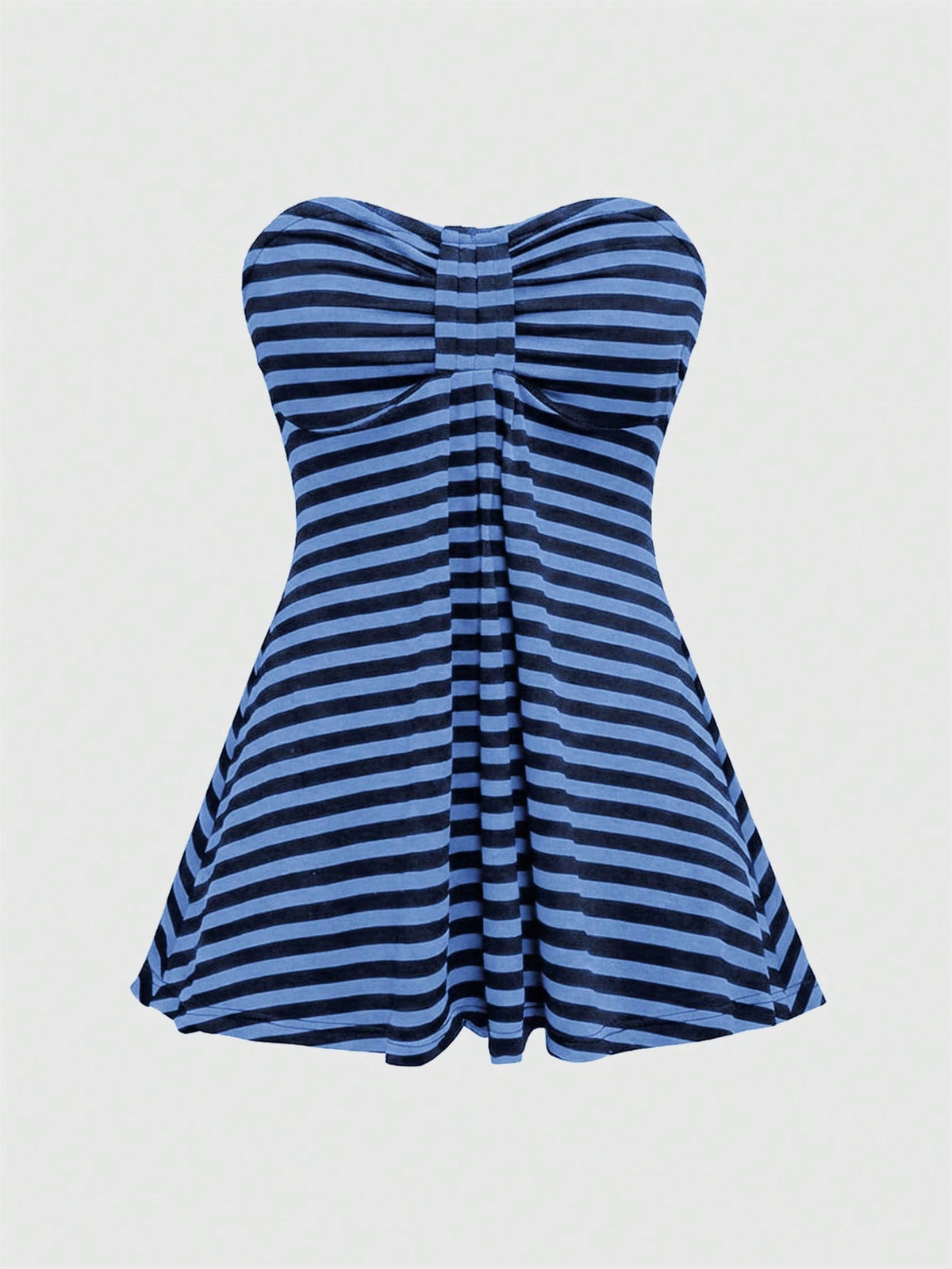 Women's striped strapless tube top featuring ruched detailing, flared hem, and stretchy knit fabric.