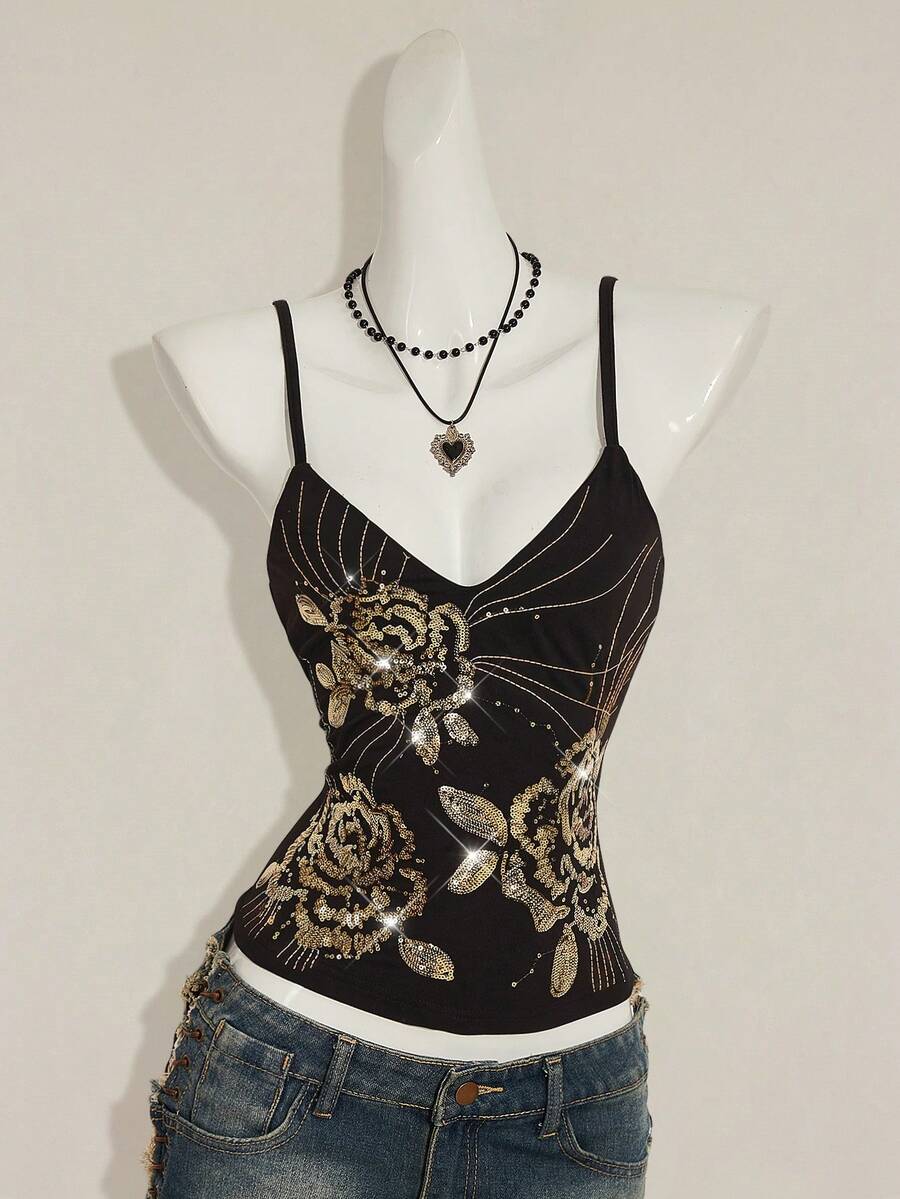Women's floral embroidered sequin camisole top with thin spaghetti straps and a slim fit design.