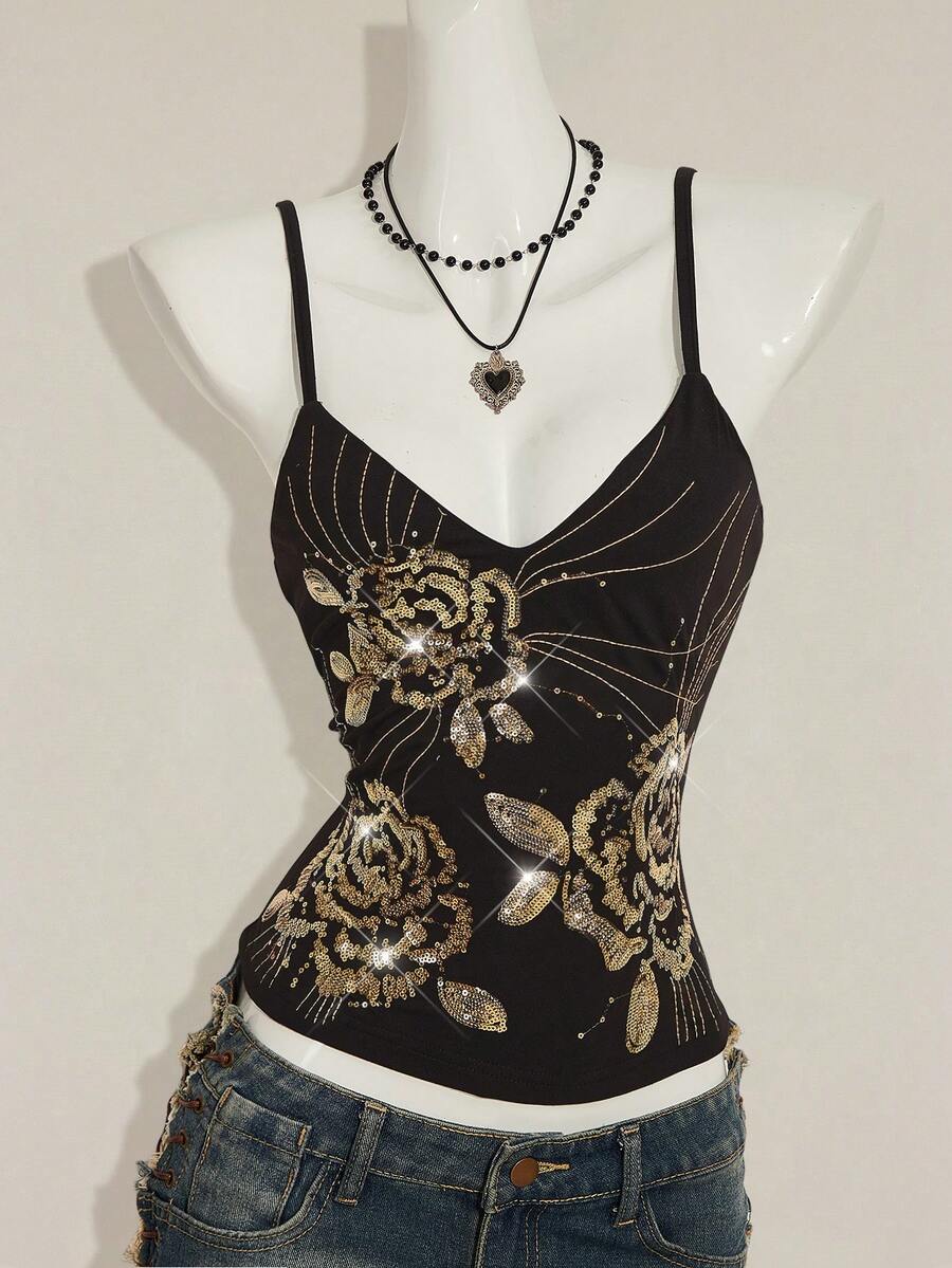 Women's floral embroidered sequin camisole top with thin spaghetti straps and a slim fit design.