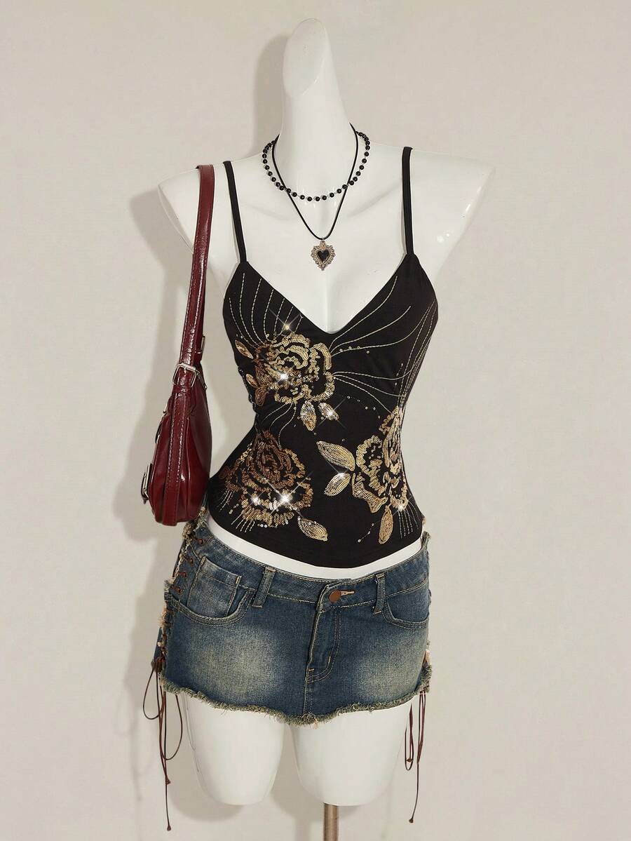 Women's floral embroidered sequin camisole top with thin spaghetti straps and a slim fit design.