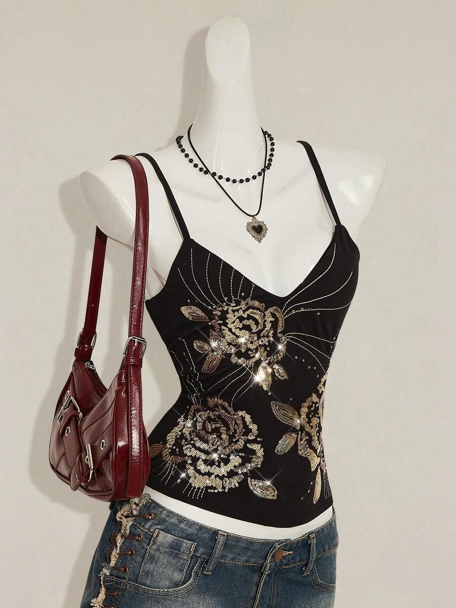 Women's floral embroidered sequin camisole top with thin spaghetti straps and a slim fit design.