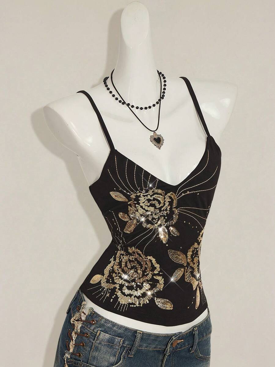 Women's floral embroidered sequin camisole top with thin spaghetti straps and a slim fit design.