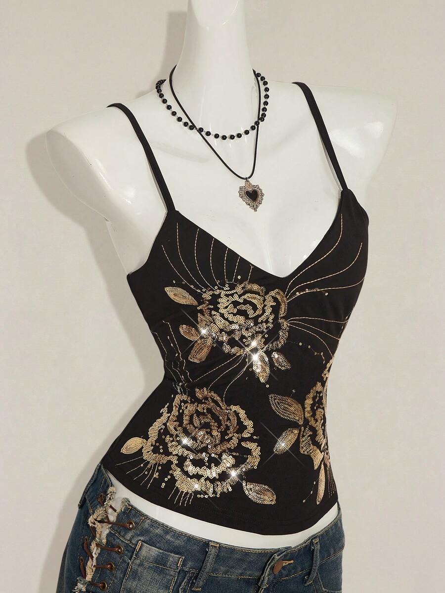 Women's floral embroidered sequin camisole top with thin spaghetti straps and a slim fit design.