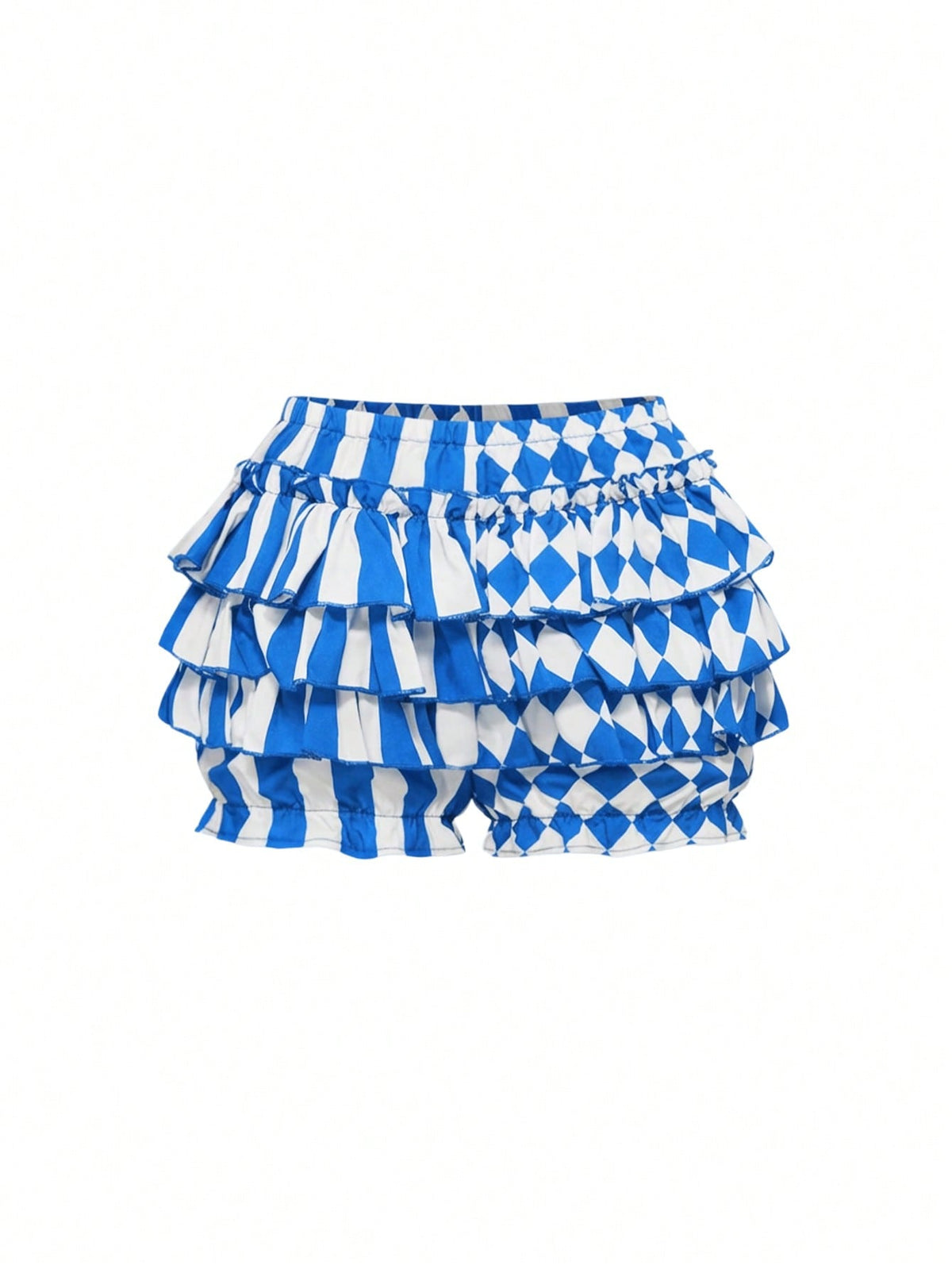 Black and white striped and geometric patchwork gothic pumpkin shorts for women featuring tiered ruffle hems and an elastic waistband.