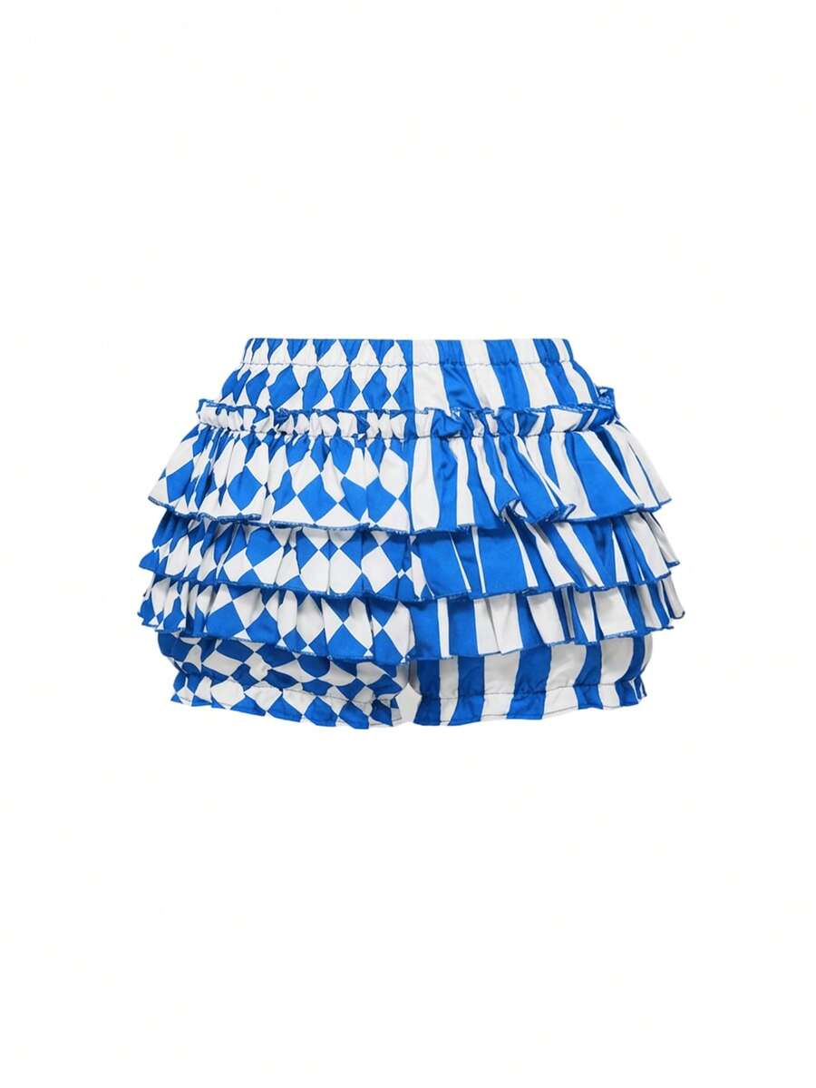 Black and white striped and geometric patchwork gothic pumpkin shorts for women featuring tiered ruffle hems and an elastic waistband.