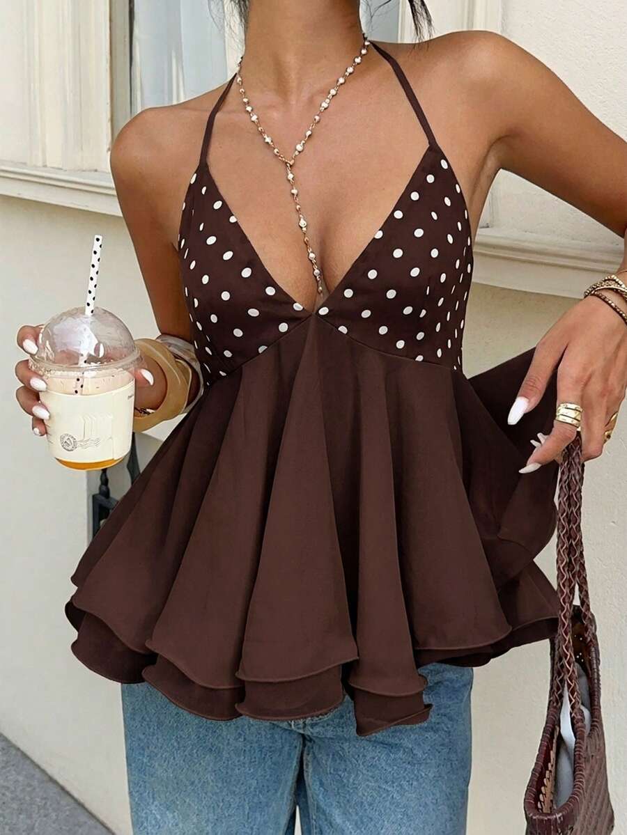 Women's apricot halter cami top with twist detail, studded accents, slim fit, regular length, and flared hem in woven fabric.