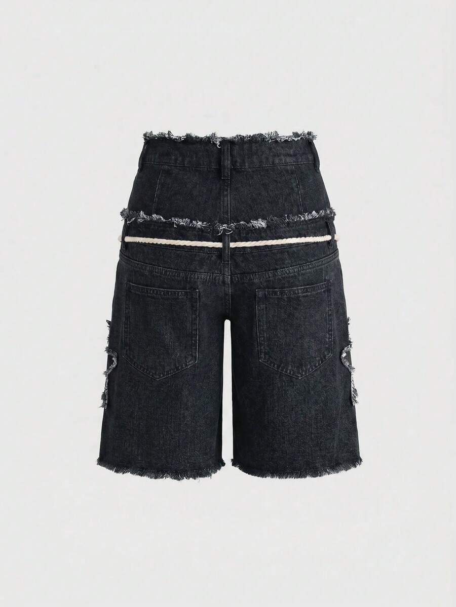 Women's blue denim bermuda shorts featuring a double waistband, star patch detail, ripped accents, and zipper fly closure.