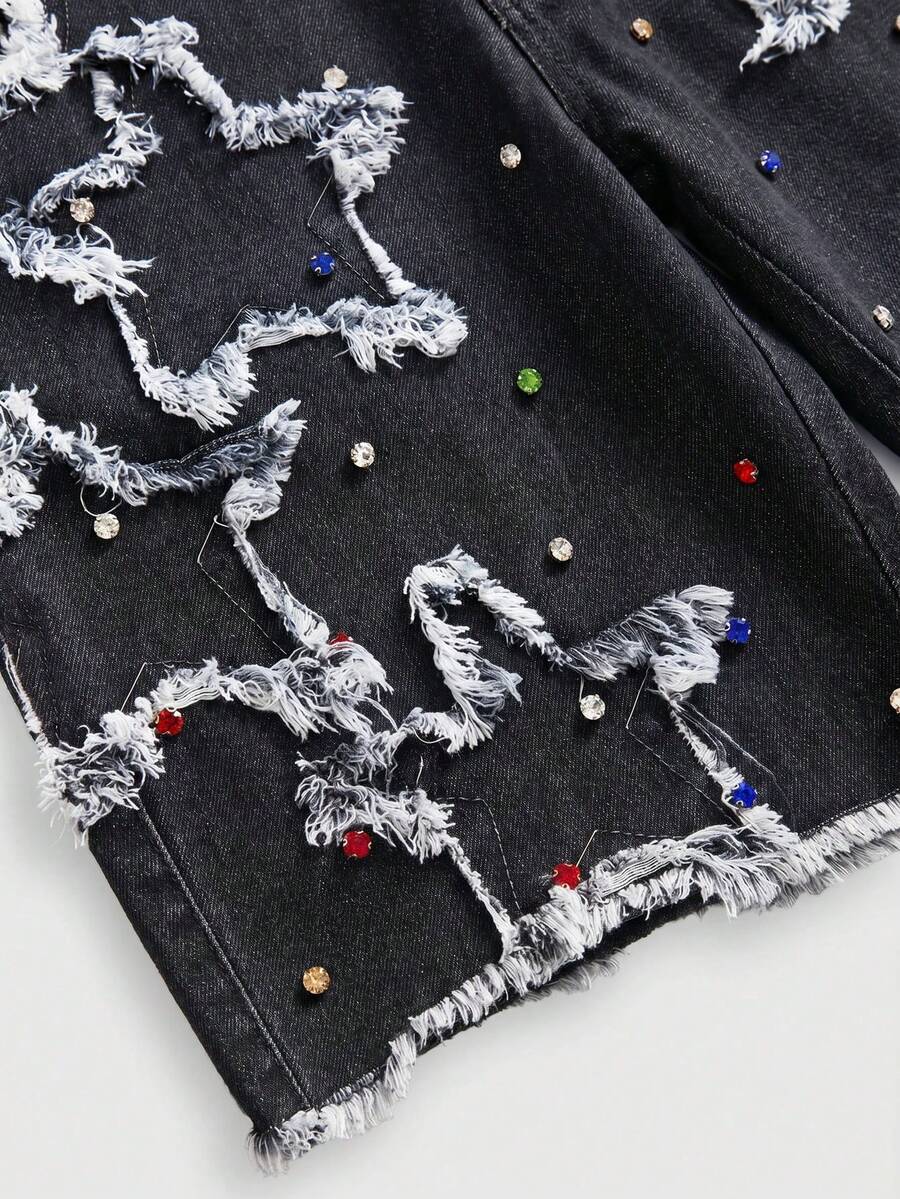 Women's blue denim bermuda shorts featuring a double waistband, star patch detail, ripped accents, and zipper fly closure.