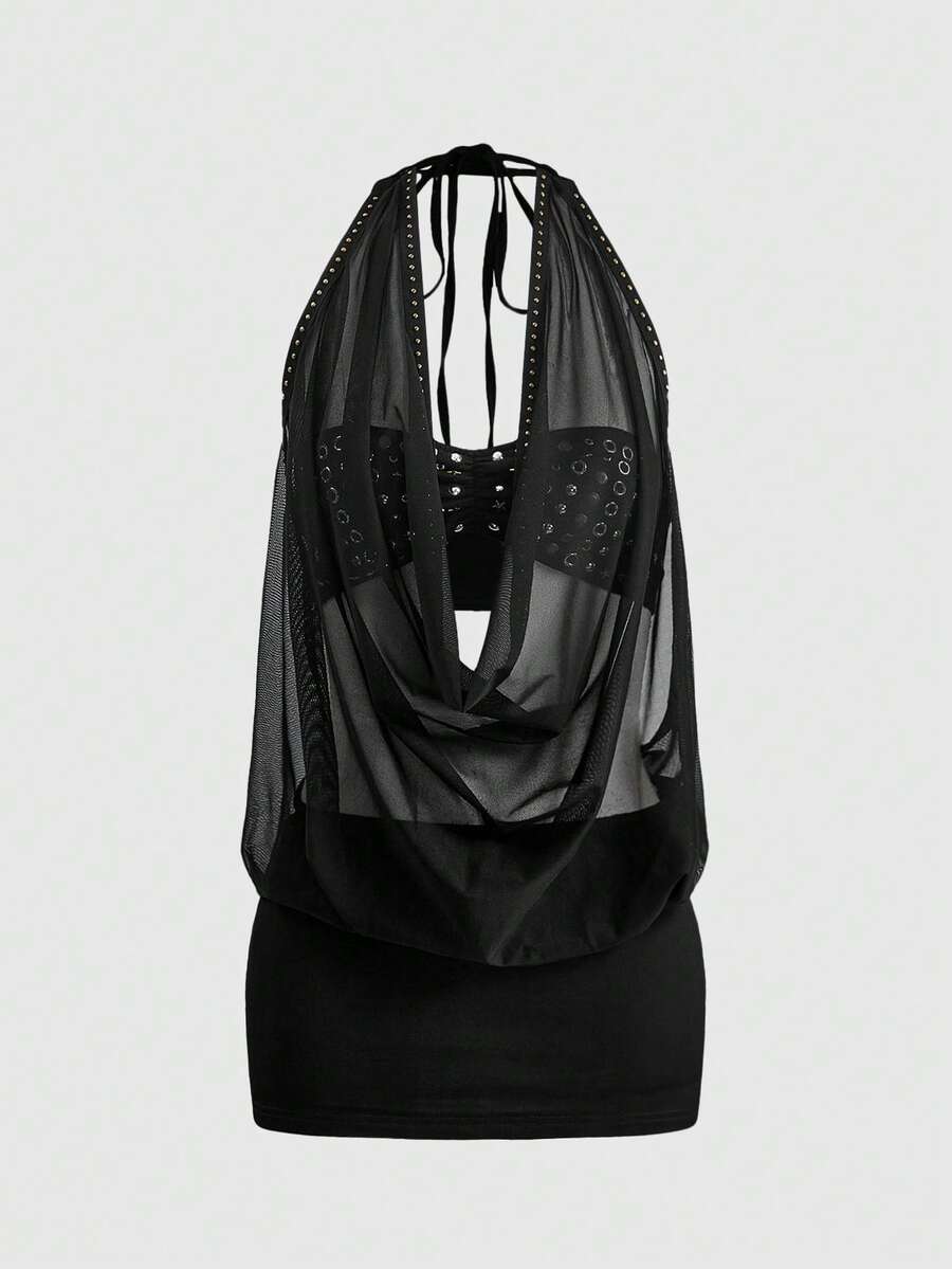 Front view of women's black two-piece set featuring a cowl neck mini bodycon dress and a studded micro cropped tube top.