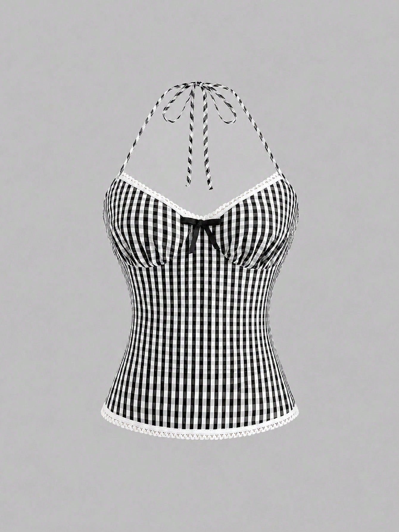 Women's plaid halter tank top with bow trim, knot detail, backless design, and micro crop slim fit.