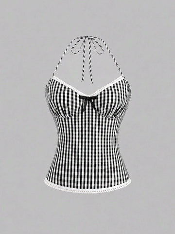 Women's plaid halter tank top with bow trim, knot detail, backless design, and micro crop slim fit.