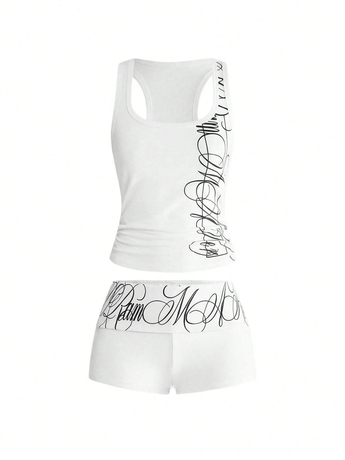 Punk-inspired two-piece set with a fitted scoop neck slogan tank top featuring cross and rhinestone details paired with ultra low waist mini shorts.