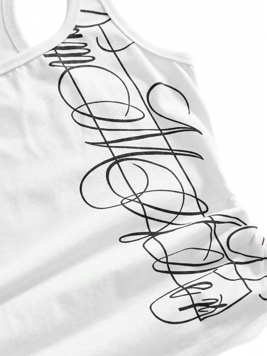Punk-inspired two-piece set with a fitted scoop neck slogan tank top featuring cross and rhinestone details paired with ultra low waist mini shorts.