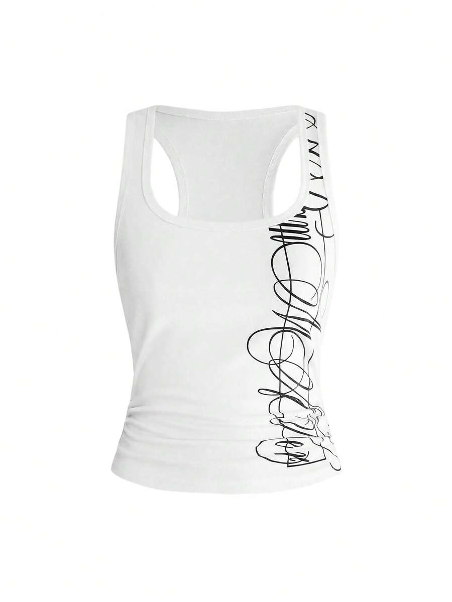 Punk-inspired two-piece set with a fitted scoop neck slogan tank top featuring cross and rhinestone details paired with ultra low waist mini shorts.