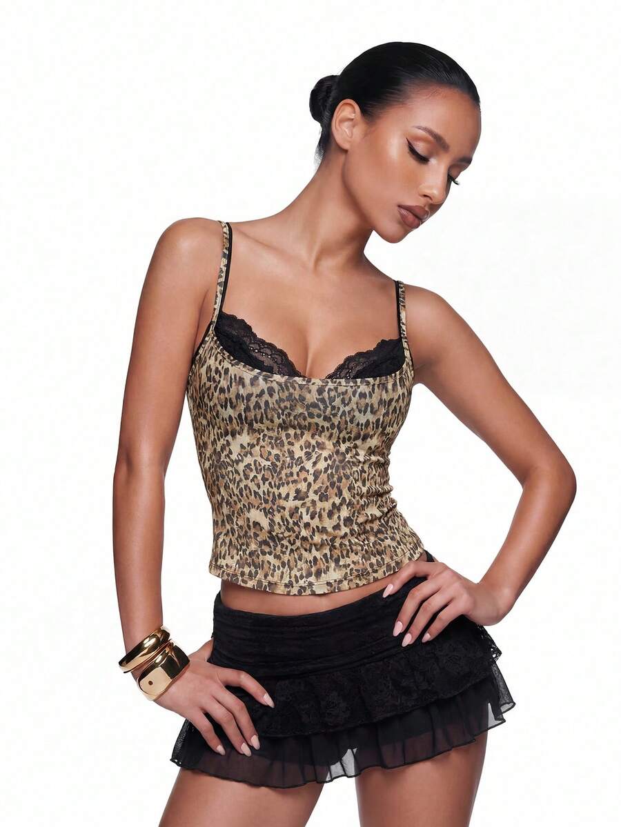 Women's grey leopard print spaghetti strap cami with black contrast lace trim and slim fit design