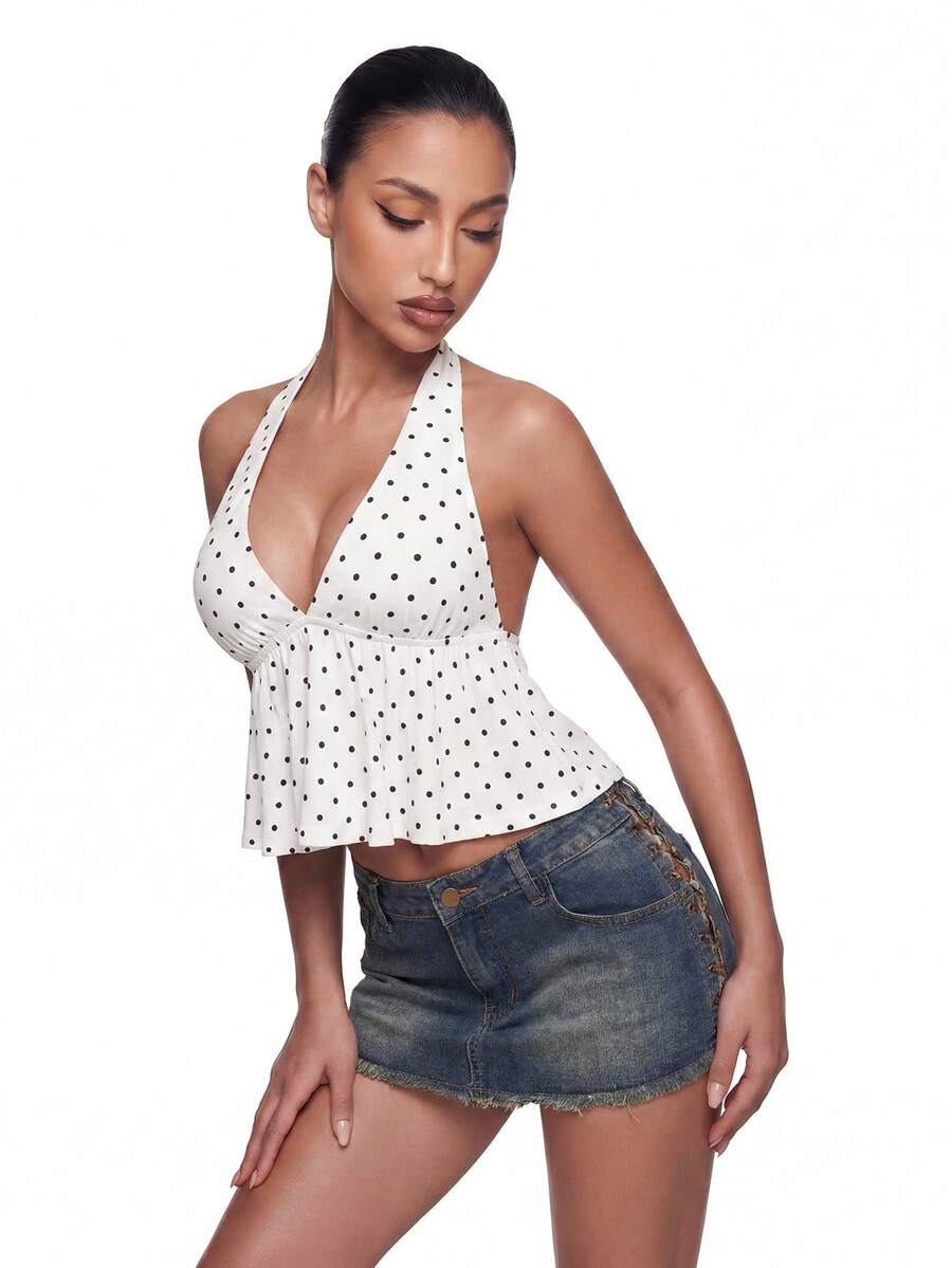 Women's polka dot print halter camisole with backless knot detail, ruched front, slim fit, and flared ruffle hem