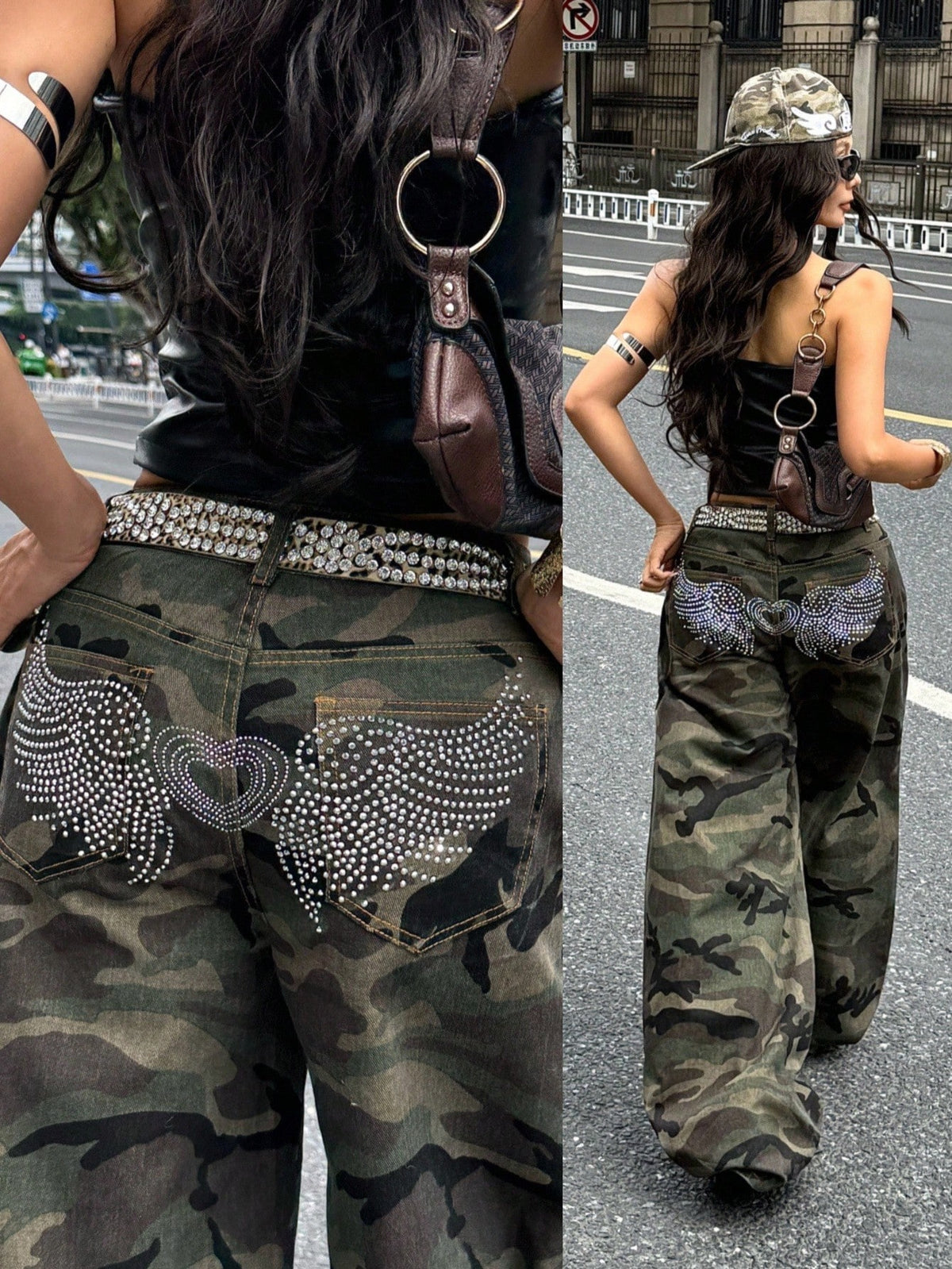 Front view of women's loose wide leg denim jeans featuring a mid waist, classic front pockets, and a zipper fly closure.