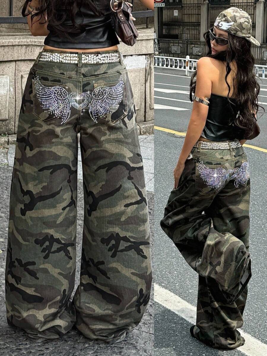 Front view of women's loose wide leg denim jeans featuring a mid waist, classic front pockets, and a zipper fly closure.