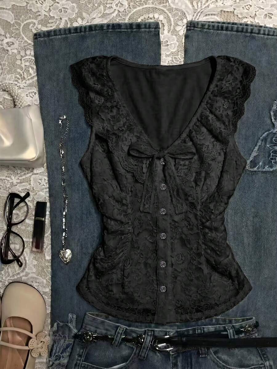 Franclia women's slim fit V-neck sleeveless tank top featuring lace patchwork detailing and a bow accent.