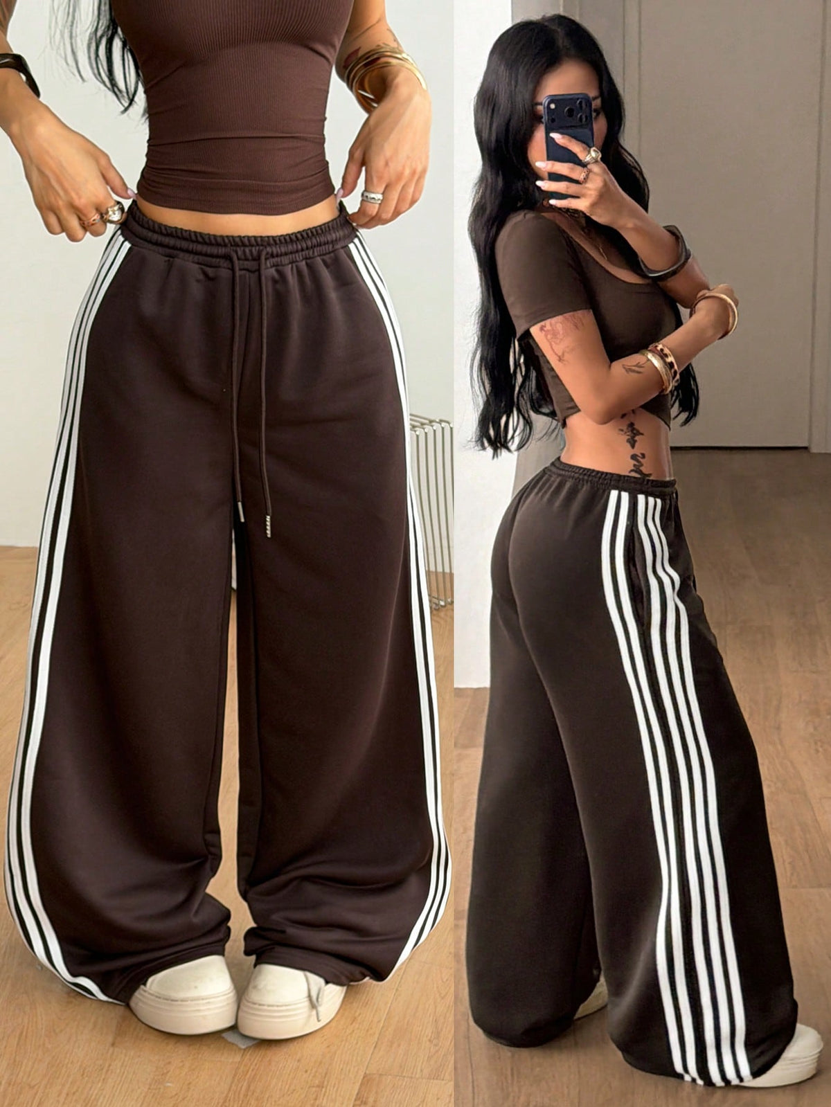 Women's wide leg trousers with a tree branch graphic pattern, loose fit, and mid-rise waist in woven fabric.